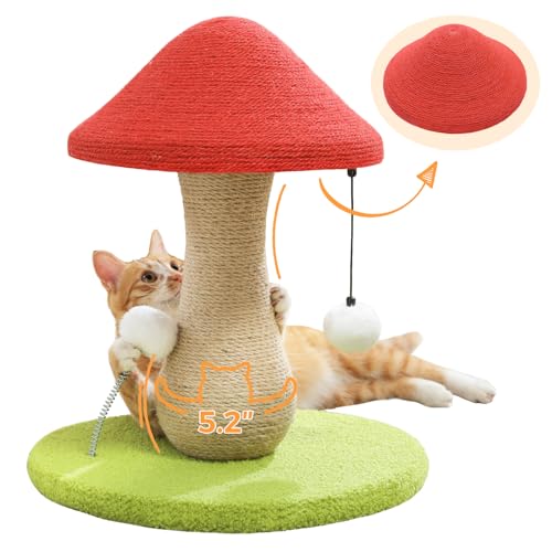 PETEPELA Mushroom Cat Scratching Post Cat Scratcher Cute with 100% Sisal Covered Scratching Post & Pompoms Toy Mushroom Cat Post for Indoor Cats