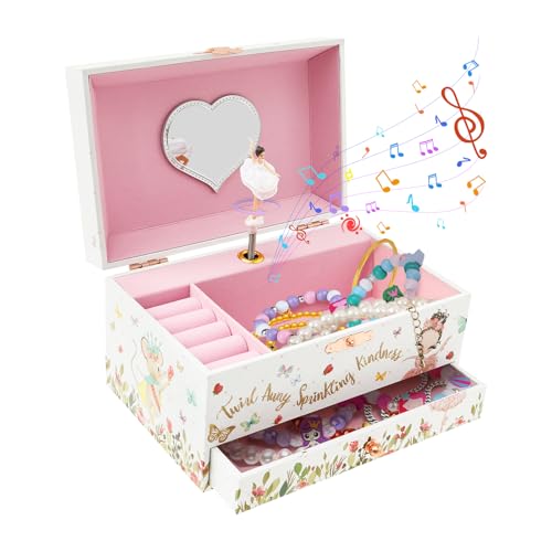 Boîte à bijoux musicale pour enfants, boîte à musique avec licorne tournante pour filles, avec tiroirs, cadeau d'anniversaire (ballet blanc)