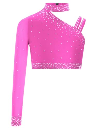 Zaldita Crop Top da Danza Classica Moderna Bambina Monospalla con Strass Maglietta da Balletto Ginnastica Shirt da Ballo Lirico Latino Tango Rosa Caldo 9-10 Anni