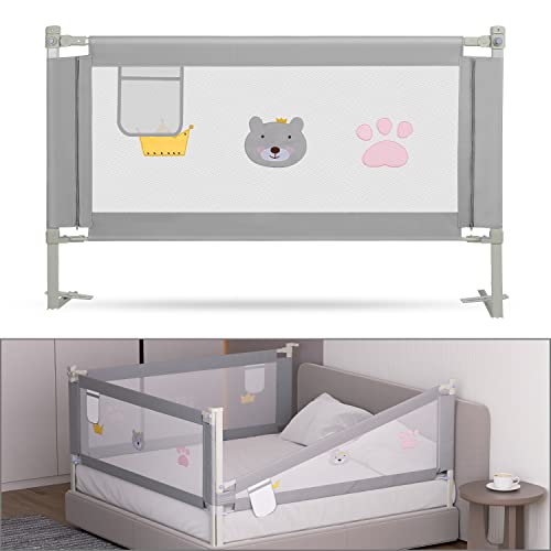 Tubiaz 150CM Barriera per letto, Barriera pieghevole per letto per bambini, Protezione per letto per bambini per prevenire le cadute, Barriera per bambini piccoli, Facile da montare, Grigio Ricamato