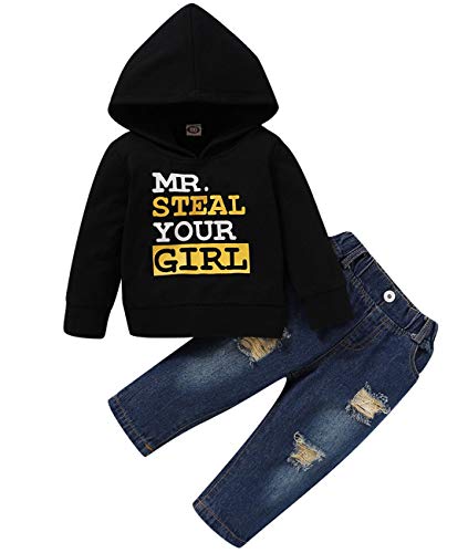 SUNICOL Baby Boys Long Sleeve Hooded with Elastic Waist Ripped Denim Jeans Pant Set for Toddler Infant Hoodies Clothing Black, 2-3T