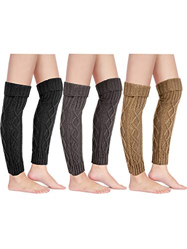 3 Pairs Knit Leg Warmer Cable Footless Sock Winter High Leg Warmer for Women Girls (Khaki, Dark Gray, Black)