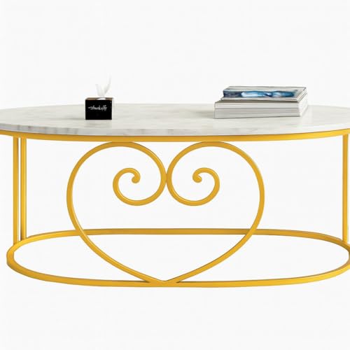 Image of Oval Accent Metal Centre Table with Marble Look Coffee Tables with Engineered Wood Top and Metal Frame, Contemporary Table for Office, Bedroom, or Living Room Golden White