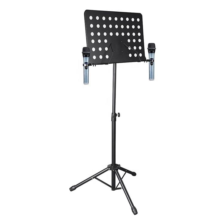 kh Portable Home Music Stand – Foldable Metal Construction, Adjustable Height, Dual Microphone Holders, Stable Tripod Base, Black Music Sheet Stand for Singers & Musicians