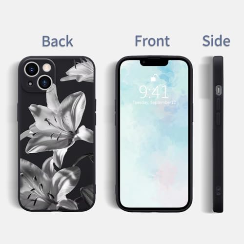 Coque iPhone 16 fleur de lys noir en silicone liquide avec doublure microfibre premium