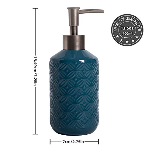Fe Soap Dispenser, 13.5Oz Soap Dispenser Bathroom, Ceramic Hand Soap Dispenser With Vintage Emboss Design, Refillable Dish Soap Dispenser For Kitchen & Bathroom (Blue) #TOP1