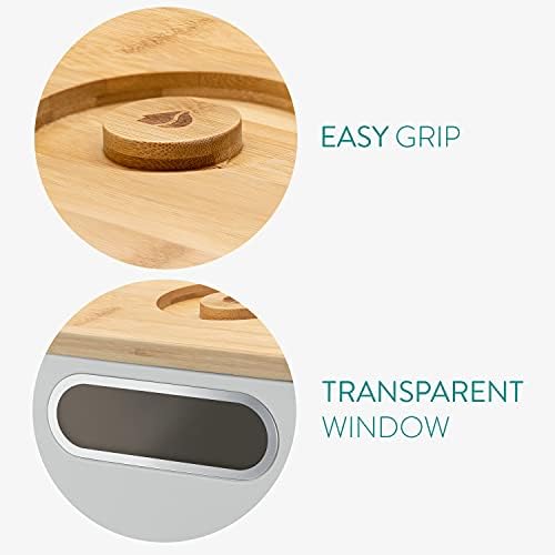 Navaris Bread Bin with Bamboo Lid - Taupe Colour Metal Storage Container with Window and Wooden Chopping Board Lid - Vintage Style Kitchen Box Tin