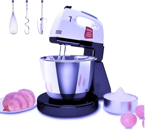 Image of Stand Mixers, 7 Speeds With 3QT Stainless Steel Bowl, Stand and Hand Mixer with Dough Hook, Whisk, Mixing Beater for Baking, Cake, Cookie, Kneading (VL2)