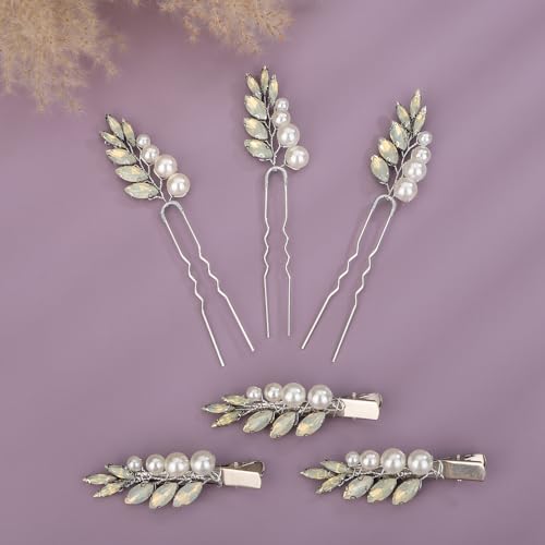 Teyglen 5pcs Bride Wedding Crystal Pearl Hair Pins Clips Set Bridal Opal Rhinestone Hairpins Hair Barrettes Handmade Pearl Hair Piece Wedding Hair Accessories for Women Girls (Opal)
