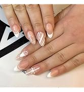 Christmas Press on Nails Short White French Tips Fake Nails Nude Almond Acrylic Nails Cute Elk Sn...