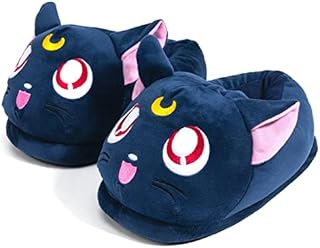 Glopastel Cat Luna Slippers | Cute Anime Moon Fuzzy Slip-On House Shoes | One Size Adults Women Men (Blue)