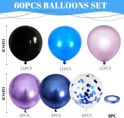 Image of Black Purple Blue Balloon, 60 PCS Outer Space Balloons, 12Inch Metallic Navy Blue Purple Black Balloon Pearl Purple Blue Confetti Latex Balloons for Kids Boys Astronaut Space Birthday Party Decoration