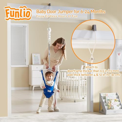Image of FUNLIO 2 in 1 Baby Door Jumper with Door Clamp, Baby Walking Harness for 6-24 Months, Infant Jumper Doorway with Strong Spring & Adjustable Strap, Easy to Assemble & Store - Blue
