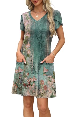 Image of OFEEFAN Womens Summer Dresses 2026 Tulip Petal Short Sleeve V Neck Loose Swing Sundresses with Pockets Plain /Print