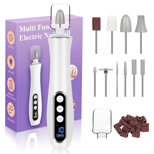 Cordless Electric Nail Drill Machine, 10 Speeds Electric Nail File with 360° Led Light and LCD Display, 2000mah Professional Nail Files Electric Nail Drill for Acrylic and Gel Nails, Thick Toe Nails