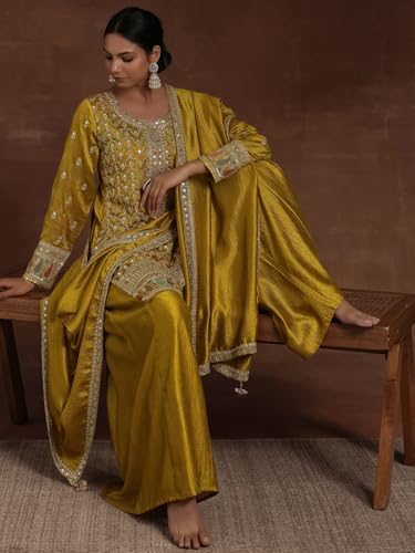 Image of Libas Womens Embroidered Silk Blend Straight Kurta with Palazzos and Dupatta | ethnic wear | bridal suit | wedding dress | occasion wear