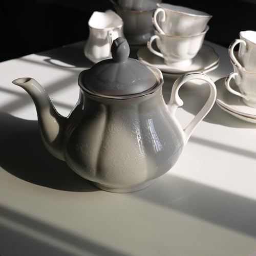 GuangYang 15-pcs Porcelain Tea sets for Adults, Off White Embossed Pattern with Gold Trim (A set Included 1 Teapot, 1 Sugar Bowl, 1 Cream Pitcher, 6 Cups and 6 Saucers) by GuangYang - Image 3