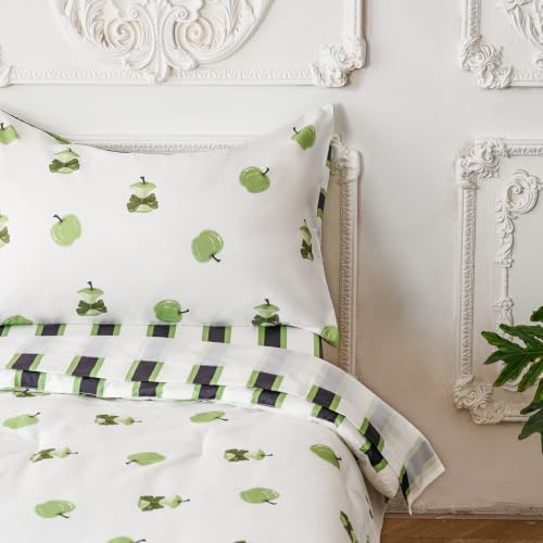 Image of KAREVER Stripes Toddler Bedding Set Green Apple Print 4 Pieces Crib Bed Set Kids White Green Striped Comforter Set