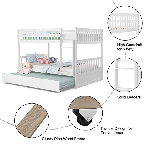 Giantex Full Over Full Bunk Bed With Trundle, Solid Wood Trundle Bed Frame W/Guardrails And Ladder, Convertible To 2 Beds, Full Size Bunk Beds For Adults Kids Teens, No Box Spring Needed, White #TOP5