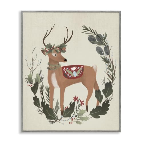 Peaceful Deer Holiday Leaf Border, 16 x 20 Inch Framed Giclée Print