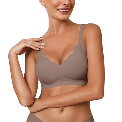 Womens Seamless Bras No Underwire Wireless Push Up Full Coverage Bra Scalloped V Neck T-Shirt Bra Comfort Bralettes Gray Medium