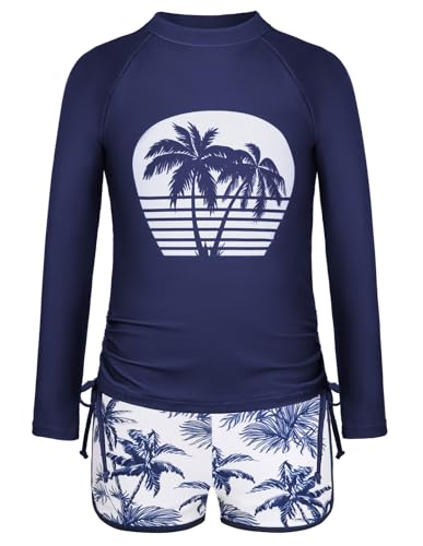 GRACE KARIN Girls Prints Swimwear 2-Piece Set with Long Sleeve Top and Board Shorts for Surfing Swimming Navy Blue 8 Years