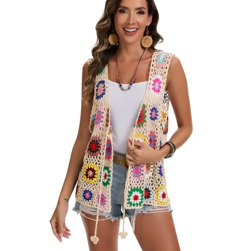 Crochet African Flower Granny Square Crochet Vest, Color Block Sweater, Knitted Multicolor Open Front Cardigan