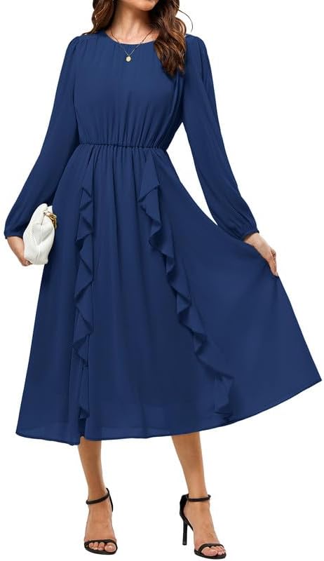 JASAMBAC Womens Wedding Guest Dresses Semi Formal Dress Long Sleeves Elegant Chiffon Dresses Crew Neck A-Line Midi Dress Flowy Cotail Dreess Ruffles Evening Dresses