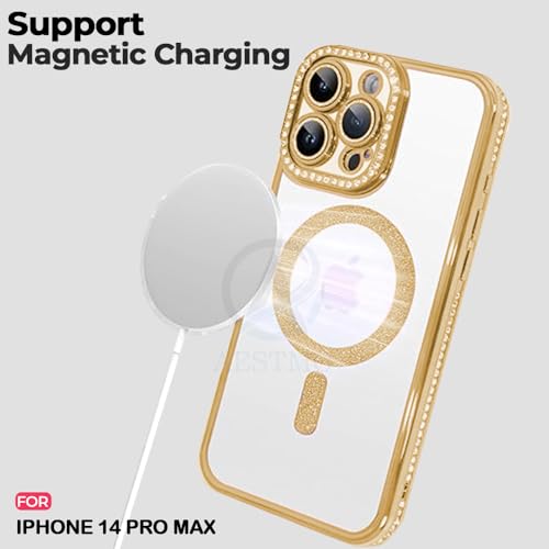 Image of AESTMO Back Cover for iPhone 14 Pro Max Compatible with MagSafe | Diamond Glitter Case | Luxury Bling Rhinestone Soft Clear TPU Bumper | Camera Lens Protection Cover for iPhone 14 Pro Max (Gold)