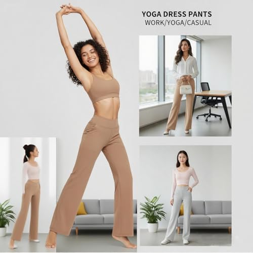 Lumilift Work/Yoga Pants, BodiEVA High-Waist Straight-Leg Work Pants Set, High Stretch Wide Leg Pant for Women4