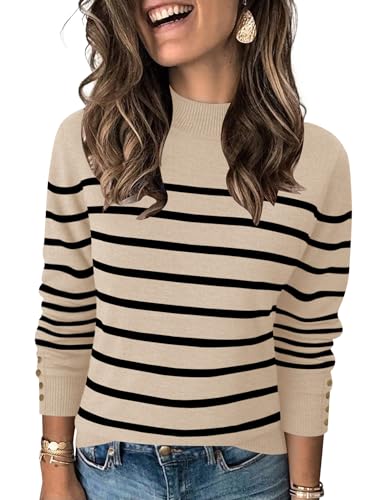Qirno Womens Mock Neck Long Sleeve Knit Sweaters Turtleneck Casual Lightweight Button Cuffs Fall Pullover Sweater