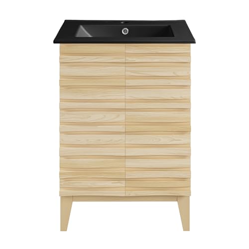 Image of Swiss Madison Cascade 24 in. Natural Oak Bathroom Vanity with Black Ceramic Sink Top