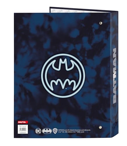 Safta BATMAN LEGENDARY Ordner mit 4 Ringen, ideal für Kinder unterschiedlichen Alters, bequem und vielseitig, Qualität und Widerstandsfähigkeit, 26,5 x 33 cm, Marineblau, marineblau, Estándar, Casual