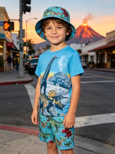 Image of Ayzozuy Boy Clothes Colorblock Top + Drawstring Waist Shorts 2 Pieces Kid Summer Outfits Set