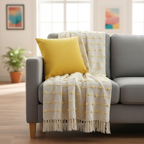 Image of SAJAVAT HOME Soft Cotton 3 Seater Sofa Throw with Cushion Covers | 80x52 Inches / 204x132 Cm | Beige Yellow Throw & Velvet Yellow Cushion 18''x18'' for Sofa, Bed, Chair & Travel | Pack of 1