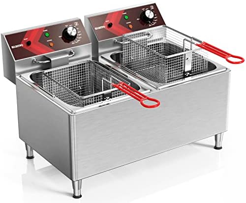EGGKITPO Commercial Deep Fryer 12L x 2 Large Dual Tank Electric Deep Fryers with Basket Electric Countertop Fryer for Restaurant with 2 Frying Baskets and Lids, 1800W x 2, 120V