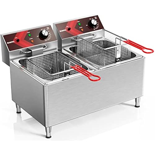 EGGKITPO Deep fryers Commercial Deep Fryer 12L x 2 Large Dual Tank Electric Countertop Fryer for Restaurant with 2 Frying Baskets and Lids, 1800W x 2, 120V
