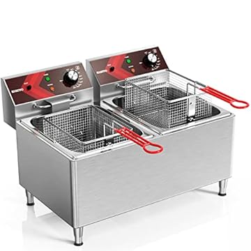 EGGKITPO Fritadeiras comerciais Fritadeira de bancada elétrica de tanque duplo de 12 L x 2 grandes para restaurante com 2 cestos e tampas de fritura, 1800 W x 2, 120 V
