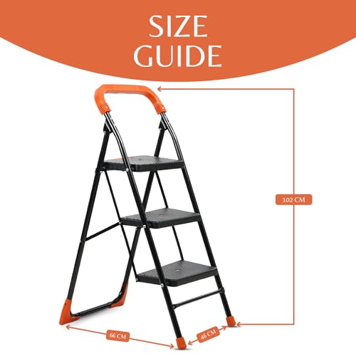 Image of BRANCO Heavy Duty Folding Ladder with Wide Steps | Lifestyle 3 Steps Foldable Ladder | High Strength Long Durable for Home, Kitchen | (Black & Orange)