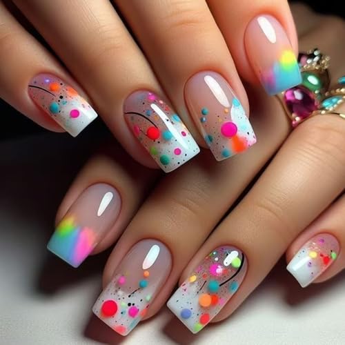 24Pcs Press on Nails Medium Length Rainbow Color Fake Nails Square Shaped Stick on Nails Circle Smudging False Nails Nude Pink Glossy Acrylic Nails French Tip Finger Nails for Women