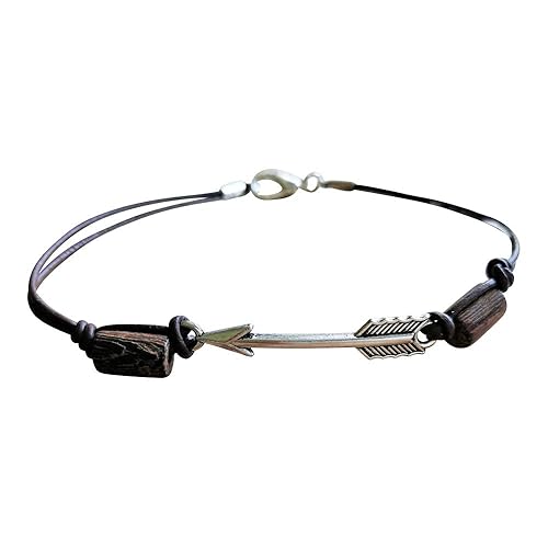 Arrow Anklet for Women, Natural Leather Ankle Bracelet with Wooden Beads