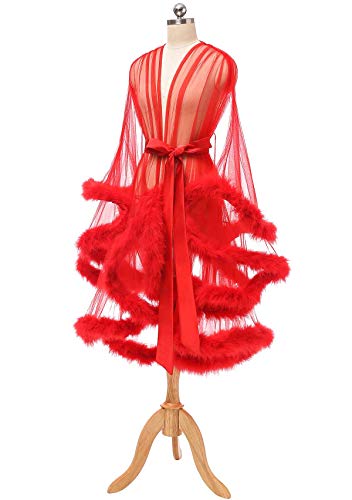 Tulle Feather Robe Sexy Sheer Mesh Fur Bridal Illusion Boudoir Bathrobe Nightgown Christmas Lingerie2