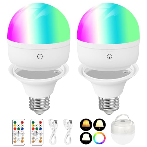Focenat 2 Pieza Bombillas Colores RGB LED,Bombilla recargable con mando a distancia,Bombilla Regulable Cambio de Color con temporización,E27 Luz de emergencia con imán,Per camping al aire libre