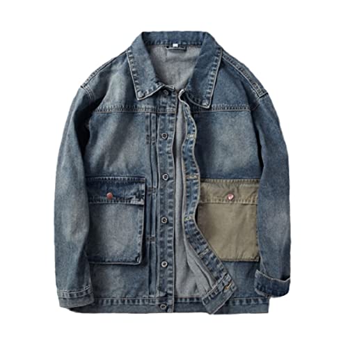 Veste en jean délavé rétro bleu blouson homme mi-saison style tooling S