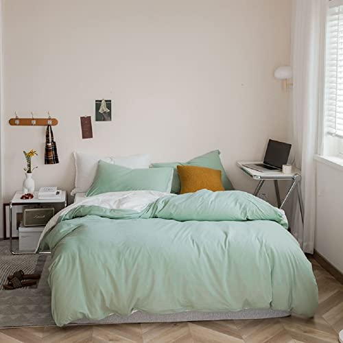 Lanqinglv Double Duvet Cover Set Mint Green and White Reversible Bedding Set Microfiber Quilt Cover 200x200cm with Zipper Closure and 2 Pillowcases 50x75cm