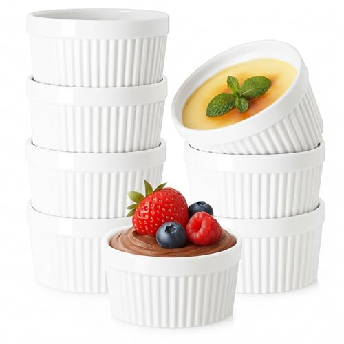 WERTIOO 8 Stück Creme Brulee Schälchen, 8oz/237ml Souffle Förmchen, Auflaufform Klein Keramik zum Backen und Sauce, Ofenfest, Elegantes Porzellan, Vanillepudding Souffle, Rund Dessertschalen