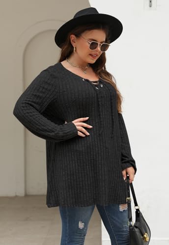 Image of Nemidor Women Plus Size Casual Tunic Top Drawstring V Neck Long Sleeve | 1X-5X plus, ribbed knit, long sweater, solid, semi-fitted flattering cut for curvy women, Fall, Winter, work, daily, dinner