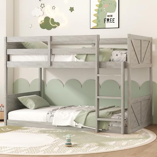 LUKEEHOM Bunk Bed Twin Over Twin, Wood Low Profile Floor