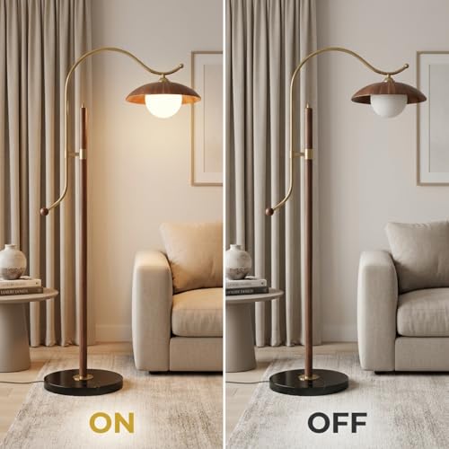 Image of Floor Lamp 3-Color CCT (Warm + Natural + Cold White) | Metal & Wood Arc Standing Lamp for Living Room, Bedroom | E27 | Home Decor