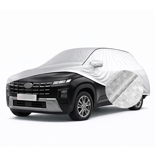 Image of SEAZEN Waterproof Car Cover for Hyundai Creta | Dustproof, UV & Scratch Resistant Soft Cotton Lining | Triple Stitched, Mirror Pockets & Elastic Hem | Metallic Silver with Black Piping